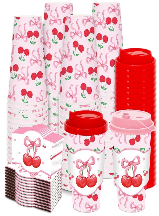 JarThenaAMCS 48 Set Pink Bow Cherry Disposable Coffee Cups with Lids Sleeves Red Pink Cherry Paper Drinking Cup Watercolor Paper Cup for Coquette Birthday Party Supplies - Image 1